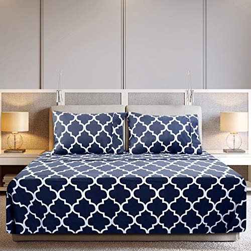 Image of Utopia Bedding Queen Sheet Set, Soft Microfiber 4 Piece Bed Sheets with 15 inch Deep Pocket - Easy Care Brushed Microfiber (Quatrefoil - Navy)