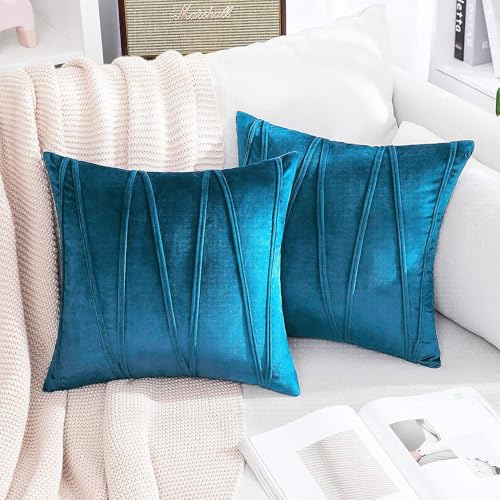 Image of Khooti Velvet Striped Cushion Cover Pack of 1-38 inch x 38 inch / 97 x 97 cm | Sea Blue | Soft Pillow Covers Cushion Case for Sofa Bedroom Livingroom Chair Car, Cushion Cover with Zig Zag Pattern