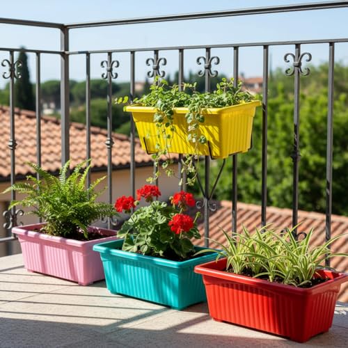 Image of Bianco Rectangular Plastic Pots for Plants, Jupiter Flower Pots for Home, Window Display, Garden (35 x 18.5 x 15 cm) (Multicolor) (Pack of 4)