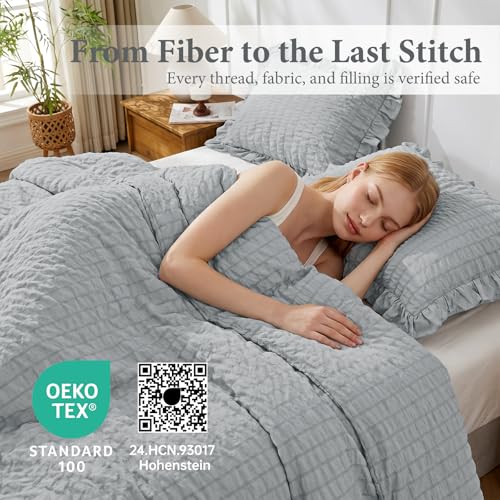 Image of JOLLYVOGUE Light Grey King Comforter Set, 3 Pieces Seersucker Comforters King Size, Lightweight & Fluffy Bedding Sets King for All Season with 1 Ruffle Comforter and 2 Ruffle Pillowshams