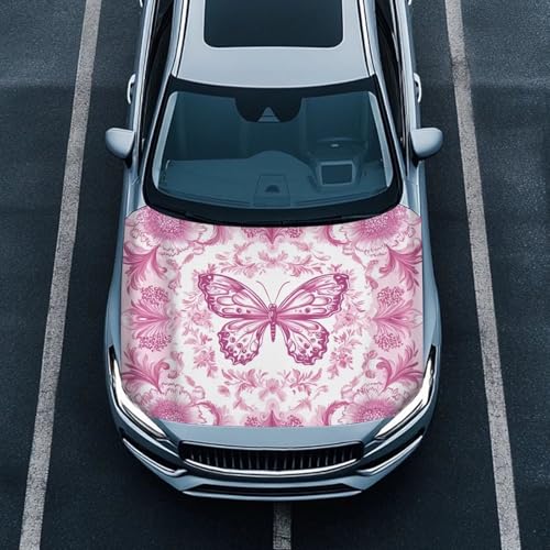 Image of Hood Stretchable Car Hood Protector,Decoration Easy to Clean Print Stylish Car Hood Cover Easy Installation Pink Butterfly Print