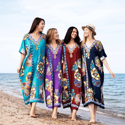 Image of Miss Lavish London Purple Kaftan Dresses for Women V Neck Batwing Sleeve Beach Vacation Bikini Swimsuit Cover Ups, Ethnic Print Plus Size Dubai Caftan Maxi Dress with Side Slits-Purple-S