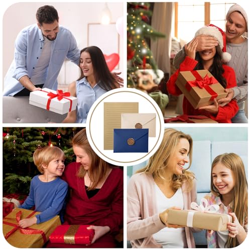 Vintage Briefpapier Set mit 6 Umschlägen, 10 A5 Schreibblättern & 6 Siegellack, Kraftpapier für Hochzeiten/Geburtstage (Dunkelblau & Elfenbein)