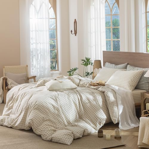 Image of MooMee Gingham Duvet Cover Set 100% Washed Cotton Linen Like Textured Breathable Durable Soft Comfy Modern Checkered Design (Almond Milk Grey Gingham, Twin 68 inchx90 inch)