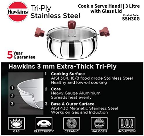 Hawkins 3 Litre Cook n Serve Handi, Triply Stainless Steel Handi with Glass Lid, Induction Sauce Pan, Biryani Handi, Saucepan, Silver (SSH30G)