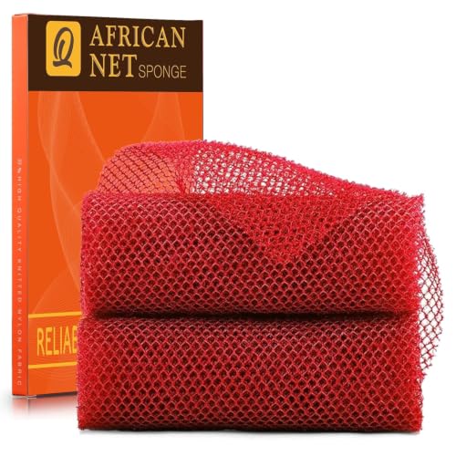 Image of UJFQBH 2 Pieces African Bath Sponge African Net Long Net Bath Sponge Exfoliating Shower Body Scrubber Back Scrubber Skin Smoother,Great for Daily Use (Red)