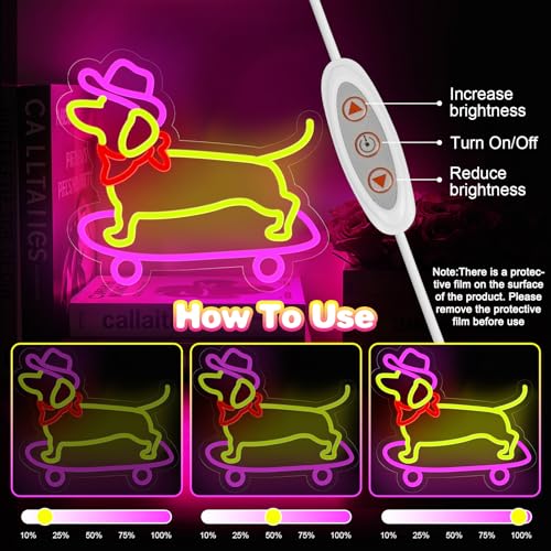 Image of Dachshund Dog Neon Sign for Wall Decor,Dimmable Skateboard Dog with Cowboy Hat Neon Light,Yellow Pink Puppy Light Up Signs for Pet Shop Bedroom Party Bar Background Christmas Decorations