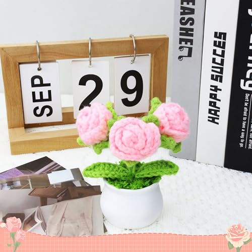MAIBAOTA Pink Roses Crochet Flowers Knitted Handmade Flower Potted Plants Bouquet Artificial Faux Flowers Home Office Desk Decor Decorations Valentine's Day Gifts for Women - Image 5