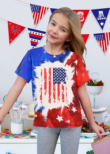 Image of CAZYCHILD Girls American Flag Patriotic Shirt Boys 4th of July Short Sleeves Tshirt USA Clothes for Kids 5-14Y