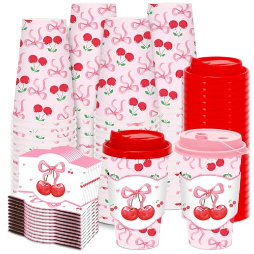 JarThenaAMCS 48 Set Pink Bow Cherry Disposable Coffee Cups with Lids Sleeves Red Pink Cherry Paper Drinking Cup Watercolor Paper Cup for Coquette Birthday Party Supplies