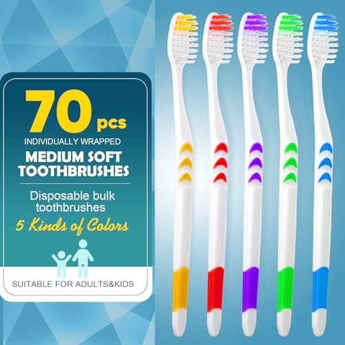 Image of Navona 70 PCS Premium Individually Wrapped Bulk Toothbrush Pack, Disposable Toothbrushes, Kids Toothbrush, Medium Soft Bristle Toothbrushes, Ergonomics Handle, Perfect for Travel Hotel Donation
