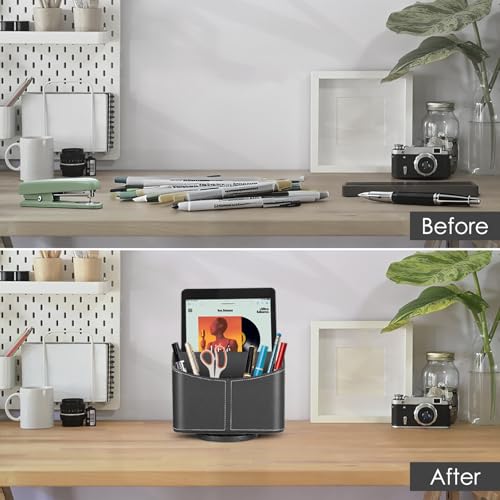 Dyserbuy 360 Degree Rotatable Remote Control Holder, TV Remote Holder with 5 Compartments, PU Leather Remote Storage, for TV/Media Controller, iPad, Phone, Pen (Black) - Cosy Home Interiors Dyserbuy 360 Degree Rotatable Remote Control Holder, TV Remote Holder with 5 Compartments, PU Leather Remote Storage, for TV/Media Controller, iPad, Phone, Pen (Black) - Image 3