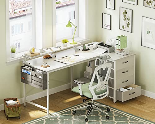 Odk 55 Inch L Shaped Computer Desk With Usb Charging Port & Power Outlet, L-Shaped Corner Desk With 4 Tier Drawer & Monitor Shelf For Home Office Workstation, Modern Style Writing Table, White #TOP1