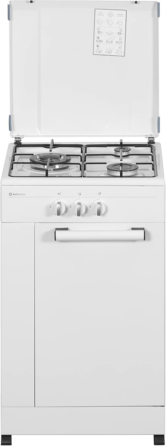 SOLTHERMIC COMBO PACK COCINA GAS PORTABOMBONA 3 FUEGOS BLANCA 50X50 + CAMPANA 60 BLANCA / 50 CM/GRAN CAPACIDAD EXTRACCION/ALTA GAMA