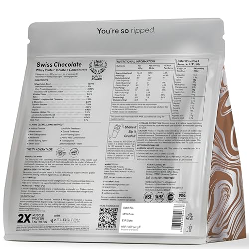 Image of Wellbeing Nutrition Clean Whey Protein Isolate & Concentrate 1Kg Swiss Chocolate | 24g Protein, Clinically Proven Velositol 2x Muscle Protein Synthesis, 4B CFU Probiotics & Digestive Enzymes, Easy to Digest
