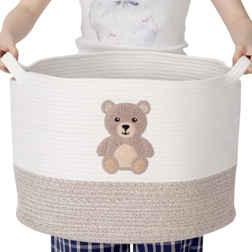 LemonRoad Bear Extra Large Cotton Rope Basket 20'x14', Embroidered Woven Baby Laundry Blanket Basket Box with Handle Storage, Blanket Storage for...