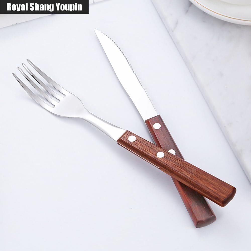 Solid Wood Handle Kitchen Stainless Steel Silverware Tableware Flatware Cutlery Knives Forks Spoons Set Home Steak Knife Dessert Spoon (B,20 pieces)