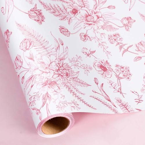 Yarcony Pink Floral Gift Wrapping Paper Vintage Toile Floral Pink Gift Wrap for Girls Women Birthday Wedding Mothers Day Valentines Day Bridal Shower Spring (17 In X 16.5 Ft)