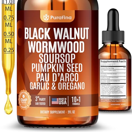 Wormwood Black Walnut Clove Cleanse Liquid Drops with SourSop Pumpkin Seed Pau DArco Garlic & Oil of Oregano Hull Extract Herb Tincture Drops For Humans 98% Absorption Gut Digestive Health (2oz)