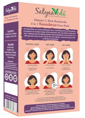 Image of SatyaaVeda Vitamin C Detan Face Pack Powder | Instant Glow & Post-Makeup Care | Papaya, Orange Peel, Calamine & Aloe Vera | Brightening, Anti-Ageing & Even Skin Tone | Pre-Bridal | For Women | 100g