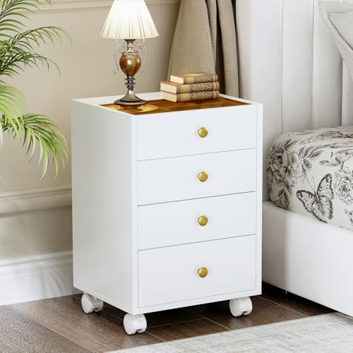 Image of Under Desk Storage, 4 Drawer Small File Cabinet, Chest of Drawer with Glass Top, Mobile Printer Stand with Lockable Wheels for Home Office Study, White