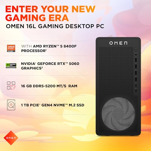 Image of HP Omen 16L Gaming Desktop AMD Ryzen 5 8400F, 8GB NVIDIA GeForce RTX 5060 (16GB DDR5, 1TB SSD) Win11, M365 Basic(1yr)*MSO 2024, Black Metal, 5.61kg, TG03-0005in