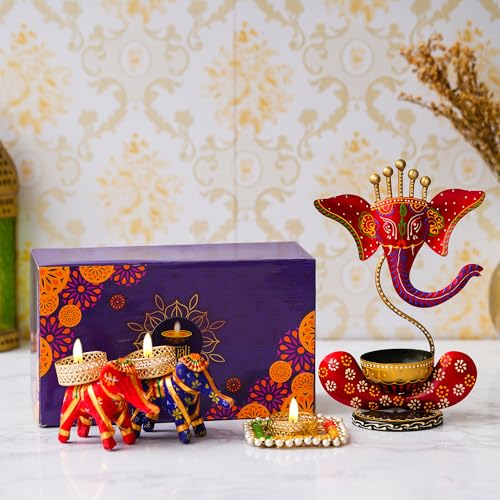 Image of Diwali Decorative Gift Box Set with Ganesha Tea Light Candle Holders, Traditional Elephant Candle Holder, Purple and Red