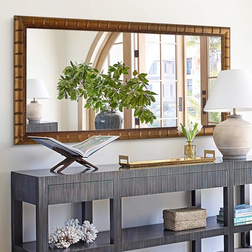 Image of Large Decorative Mirror for Wall, 60'' x 30'' Antiuqe Warm Gold Living Room Mirrors with Bamboo-Joint Frame, Classic Vintage Gold Wooden Mirror, Horizontal /Vertical
