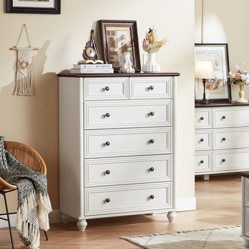 Farmhouse 6 Drawer Dresser, Chest of Drawers for Bedroom, 43.5" Tall Wood White Kids Dresser with Roman Column and Metal Handles, Storage Dressers Organizer for Living Room, Hallway, Closet