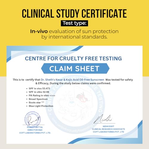 Image of Dr. Sheth's Kesar & Kojic Acid Oil-Free Sunscreen SPF 50+ Pa++++ |In-Vivo Tested | For Pigmentation-Free Skin | Lightweight & Non Greasy | For UVA /UVB & Blue Light & IR Protection | No White Cast | For Oily Skin | For Men & Women | 30 g
