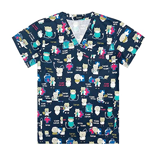 Cartoon Printing Nurse Uniform Women Short Sleeved Nursing Working Uniform Scrubs Cotton Blouse Uniform Nursing Scrubs Tops (62066,XL)
