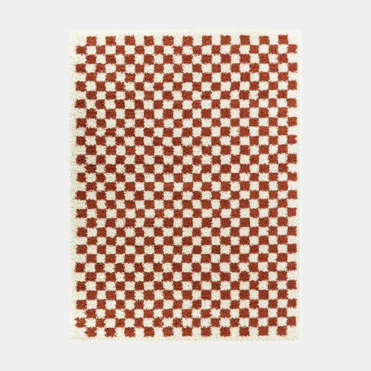 Decoweb Tapis Damier à Poils Longs - Colorama - Rouge Terracotta - 80 x 150 cm