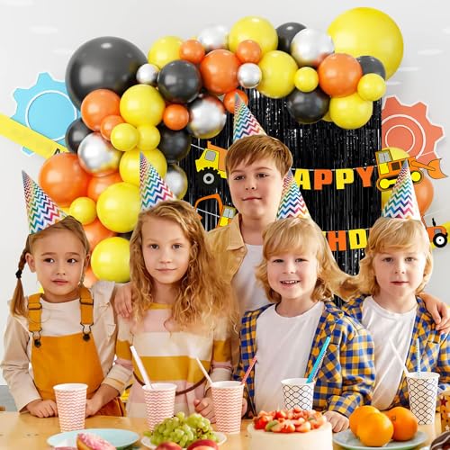 Image of Rozi Decoration Construction Theme Birthday Party Decoration Kit, 56 Pieces, Includes Happy Birthday Banner, Foil Balloons, Latex Balloons, Curtain, Yellow Orange Black