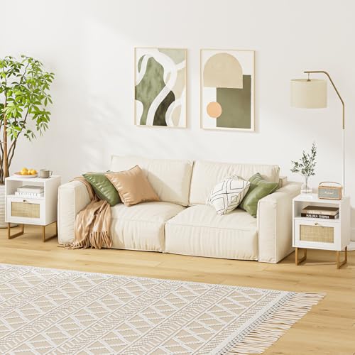 Image of Rattan Nightstand, Mid Century Modern Night Stand,Boho Farmhouse Wood Bedside Table with Storage and Open Shelf, End Side Accent Table for Bedroom,Living Room,White
