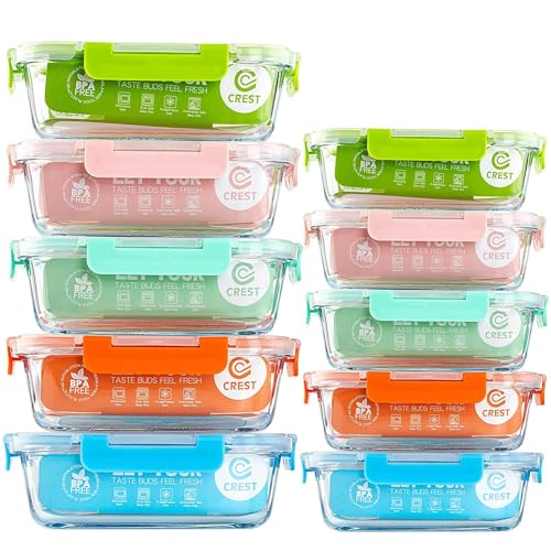 Image of C CREST [10-Pack Glass Food Storage Containers (A Set of Five Colors), Meal Prep Containers with Lids for Kitchen, Home Use - Airtight Glass Lunch Boxes