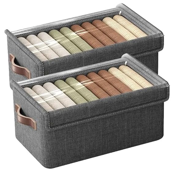 uNest 26 LTR Storage Box for Clothes | Grey | Pack of 2 | Foldable Cupboard with Lid | Double Handles Storage Box Cover for Wardrobe Shelves Sarees, Blanket, Bed Sheet-image-32