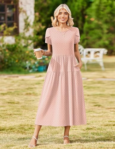 Image of Zeagoo Summer Dresses for Women 2026 Maxi Bohemian Floral Short Sleeve Long Dress Casual Flowy Tired Beach Sundress