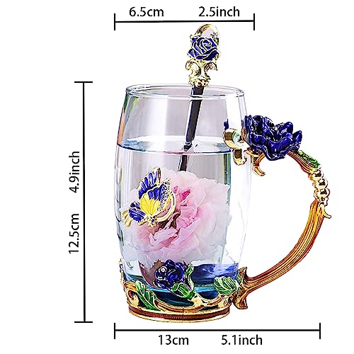 DasyFly Butterfly Glass Tea Cup Blue Rose Coffee Mug,Personalized Women Gifts for Birthday Mothers Day Anniversary Christmas for Mum,Wife,Coworker,Female Friend,Sister,Girlfriend,Grandma - Image 3
