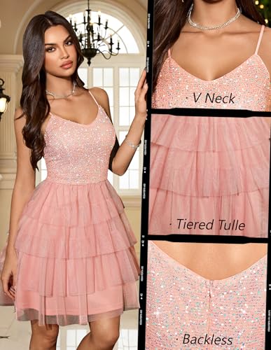 Image of Dressystar 2026 Women's Tiered Sparkly Sequin Glitter Formal Prom Dress Mini Spaghetti Strap Tulle Cocktail Party Dresses