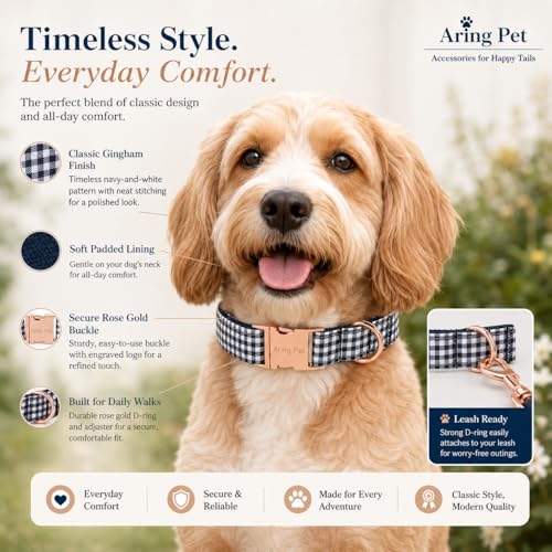 Image of ARING PET Boy Dog Collar for Puppy Small Medium Large Dogs-Navy Plaid S | Cute Male Navy White Gingham Heavy Duty Pet Collars with Metal Buckle for XS S M L XL Dogs, for Daily Walk Trip Outings