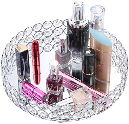 Decorative Makeup Vanity Trays, Crystal Mirrored Cosmetic Jewelry Toiletries Trinket Home Decor Tray Handmade Glass Ornate Perfume Tray for Dresser Bedroom Bathroom Restaurant Hotel (Round Silver)
