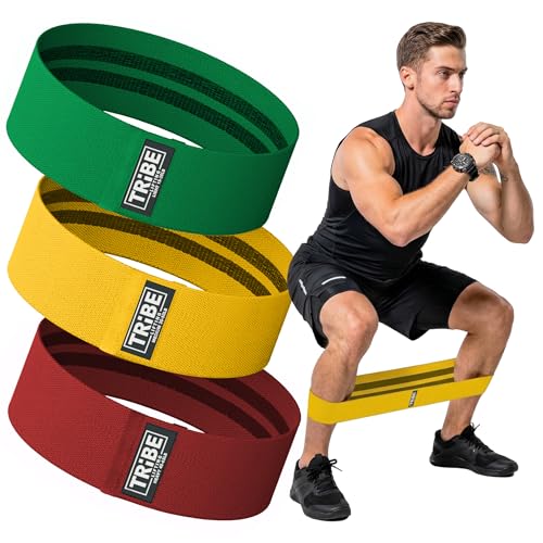 Tribe Lifting Resistance Bands for Working Out - 3 Pack Fabric Workout Bands for Women and Men - Booty Bands for Legs and Glute - Non Slip Exercise Bands Set for Squat Hip Thigh