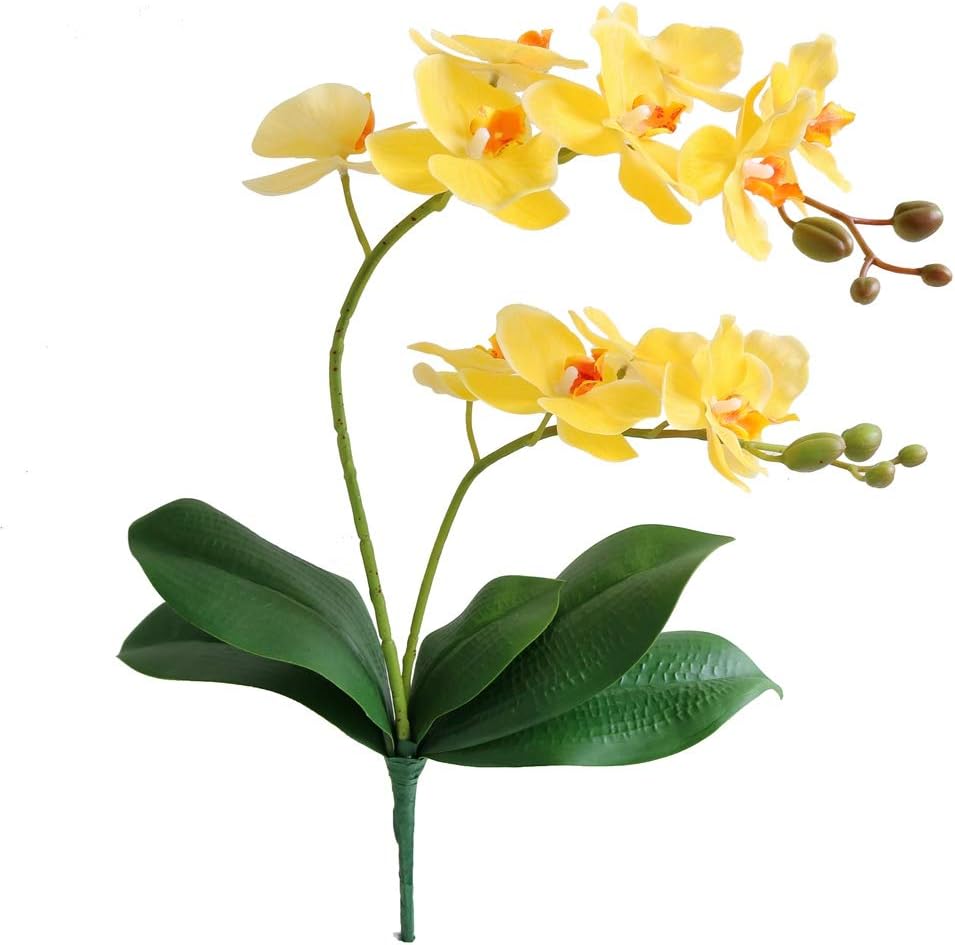 Artificial Phaleanopsis Flowers Fake Orchids Leaves Branches for Home Bonsai Garden Decoration (Yellow)