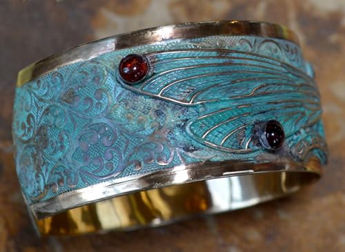 Elaine Coyne Collectible Artwear Verdigris Patina Solid Brass Decorative Dragonfly Cuff - Genuine Garnet3