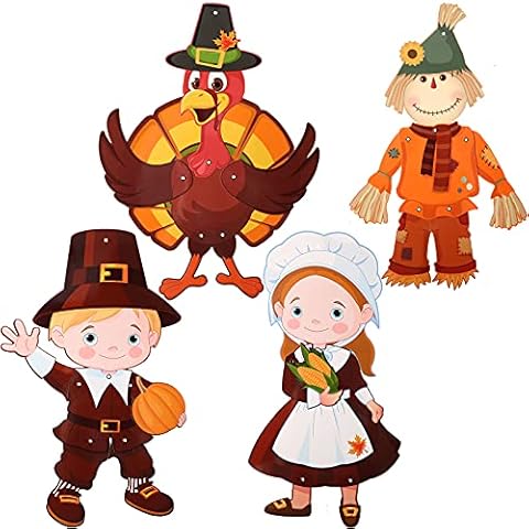 Thanksgiving Wall Decorations 4 Pieces Autumn Harvest Decorations Thanksgiving Turkey Scarecrow Decorations Boy and Girl Pilgrim Decors with Ribbon for Thanksgiving Fall Harvest Window Home Decoration Cover