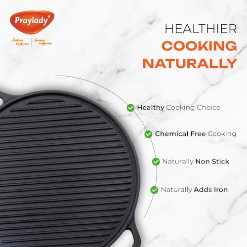 Image of Praylady Cast Iron 2-in-1 Dosa Tawa & Griddle Pan | 30 CM | Pre-Seasoned | Dual Sided Pan for Dosa, Roti, Tofu, Grilling & Searing | No Synthetic Coating | Toxin-Free | Gas & Induction Compatible