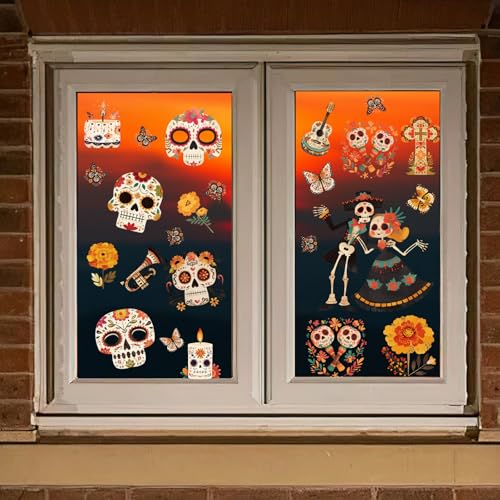 Image of Halloween Window Clings for Glass Windows, Dia de Los Muertos Decorations | 9 Sheets Day Of The Dead Window Stickers, Mexican Fiesta Holiday Party Decor Indoor with Sugar Skull, Skeleton Musical Decals