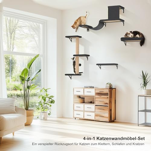 FUKUMARU Kletterwand Katzen Set, 10-teilig Katzen Kletterwand Set, aus robuster Multiplexplatte，Hängematte Katze mit Katzenhaus, Katzenbrücke, Katzenbaum, Katzentreppe bis zu 18 kg, Grau