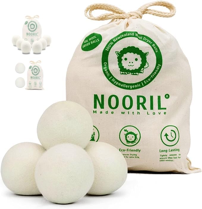 Nooril Tumble Dryer Balls Pack of 4 - Handmade Reusable Wool Laundry Balls for Fabric Softening, Reduce Drying Time, Noise, Static-Cling & Wrinkles with No Bad Odor…