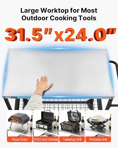 Image of VEVOR Outdoor Grill Cart, 31.5 x 24.0 inch Stainless Steel Tabletop Size Grilling Table, Outdoor Cooking Table with 4 Wheels & Side Handle, Two Mesh Shelves, BBQ Prep Tables for Patio, Garden